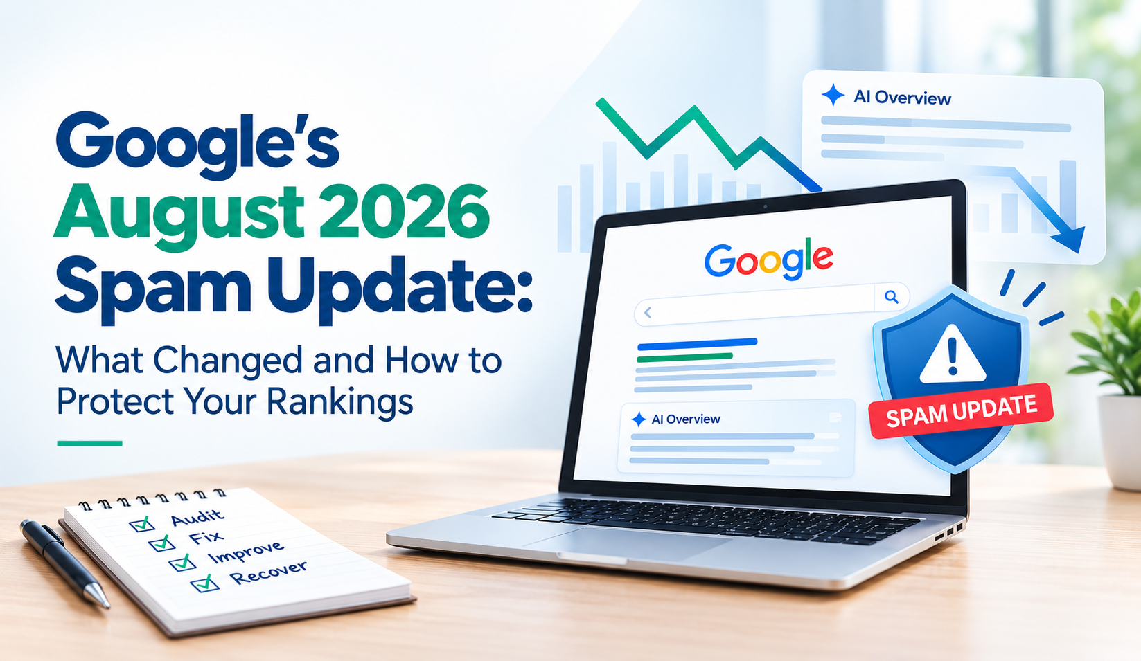 Google's August 2026 spam update illustration showing declining search rankings graph, AI Overview results, and a spam update security shield warning on a laptop screen