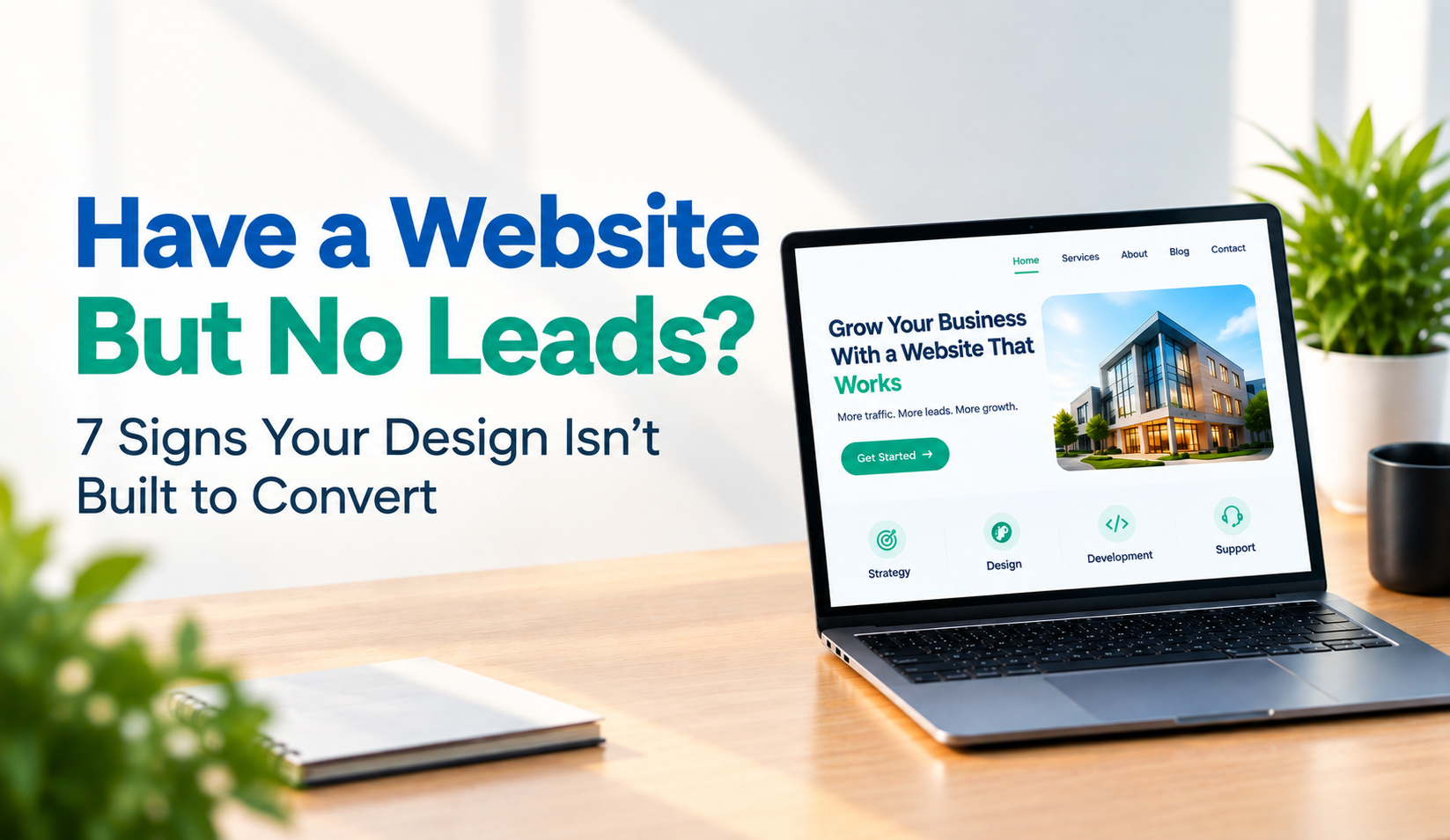 Have a website but no leads blog cover showing a laptop with a website homepage design next to the title 7 signs your design isn't built to convert